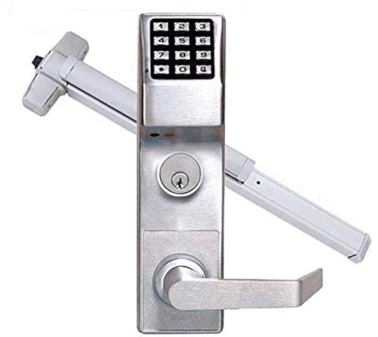 A door lock with a key pad and electronic keypad.